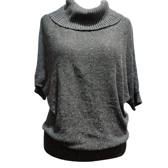 AGB L Gray Metallic Cowl Neck Batwing Sweater Dolman Sleeve Shimmer Knit Top - Picture 1 of 9